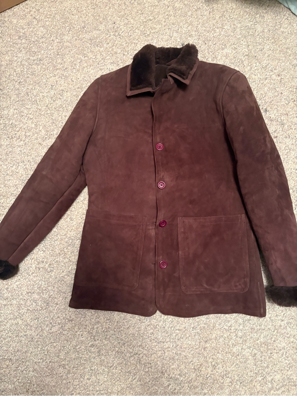 Brown Suede Look Shearling Fur Lined Coat Jacket Vintage Boho